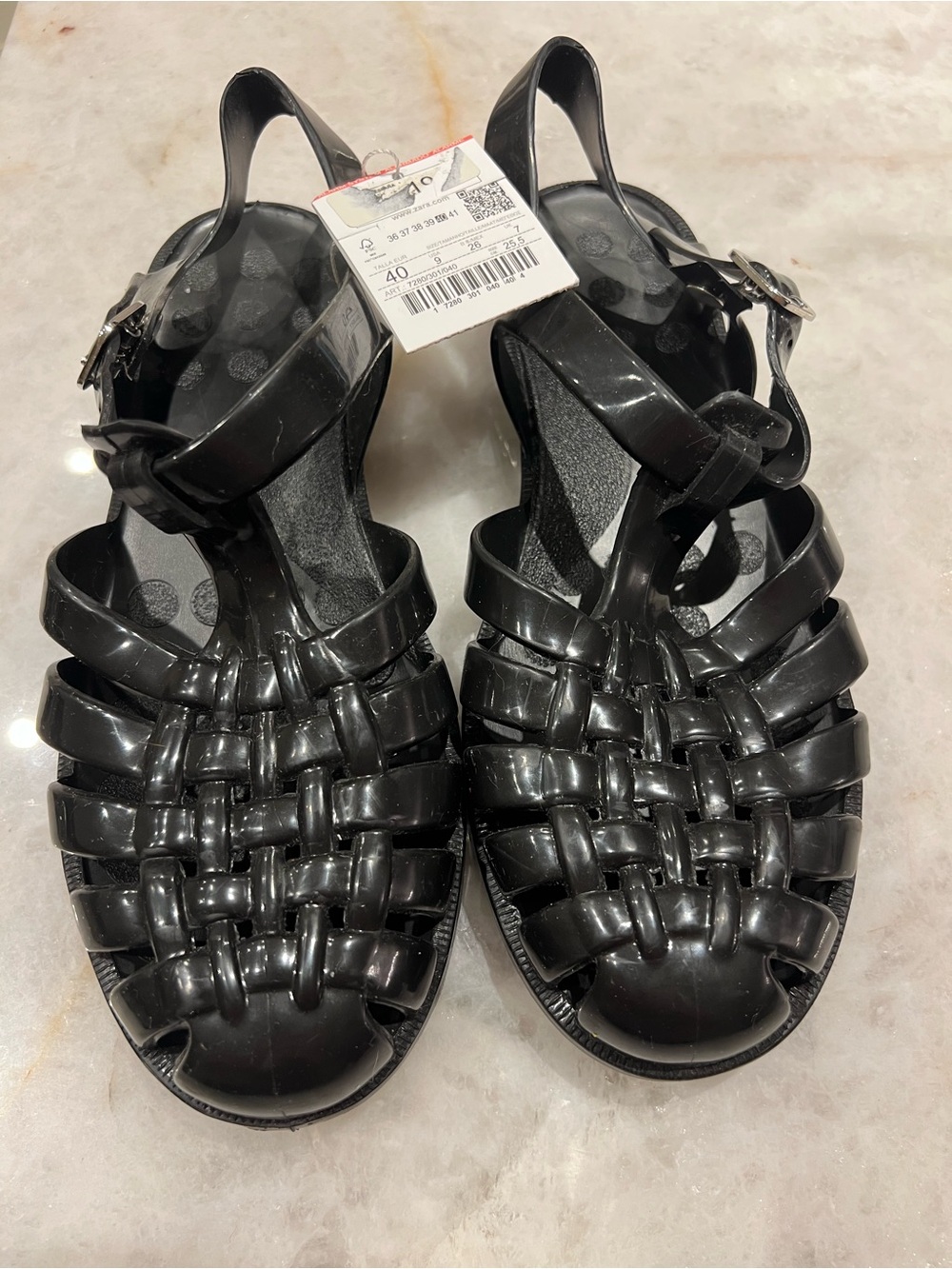 Zara Black Woven Jelly Sandals with Ankle Buckle, Size 9